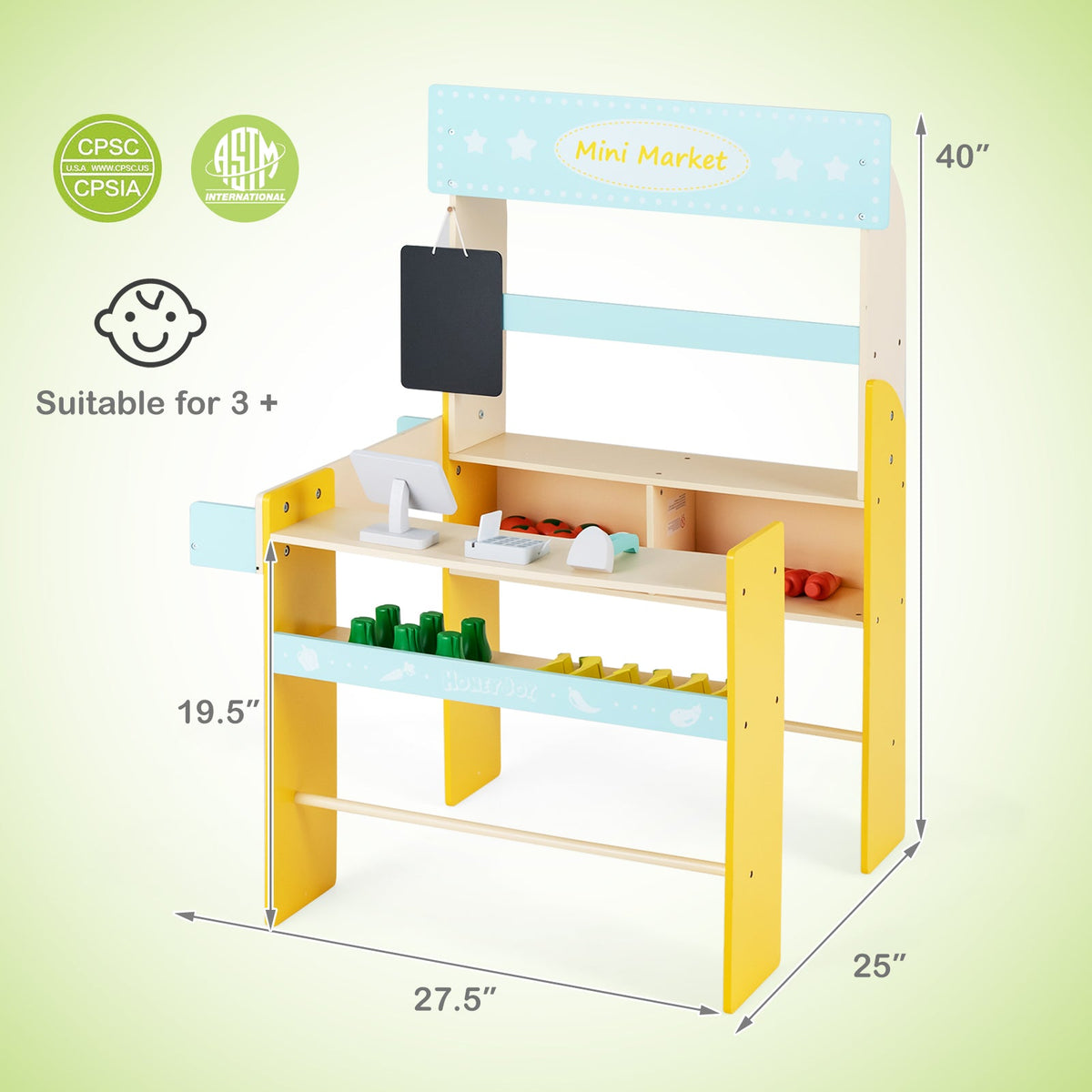 Kid's Pretend Play Grocery Store with Cash Register and Blackboard-Blue
