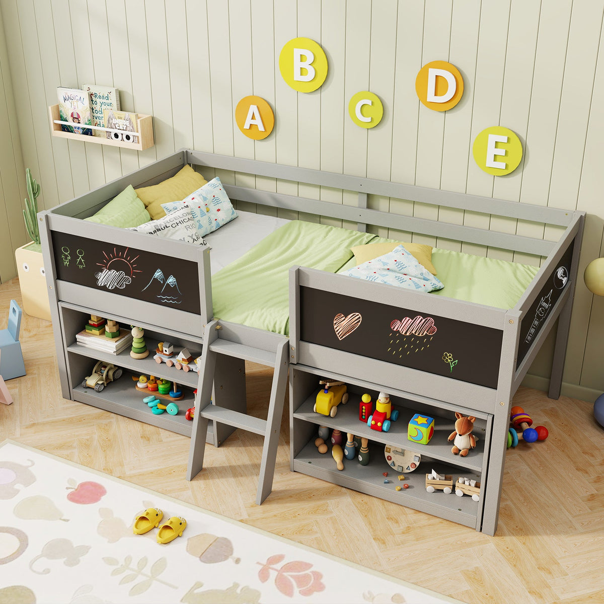 Kid Twin Size Low Loft Bed with Chalkboard Ramp Ladder and Bookcases