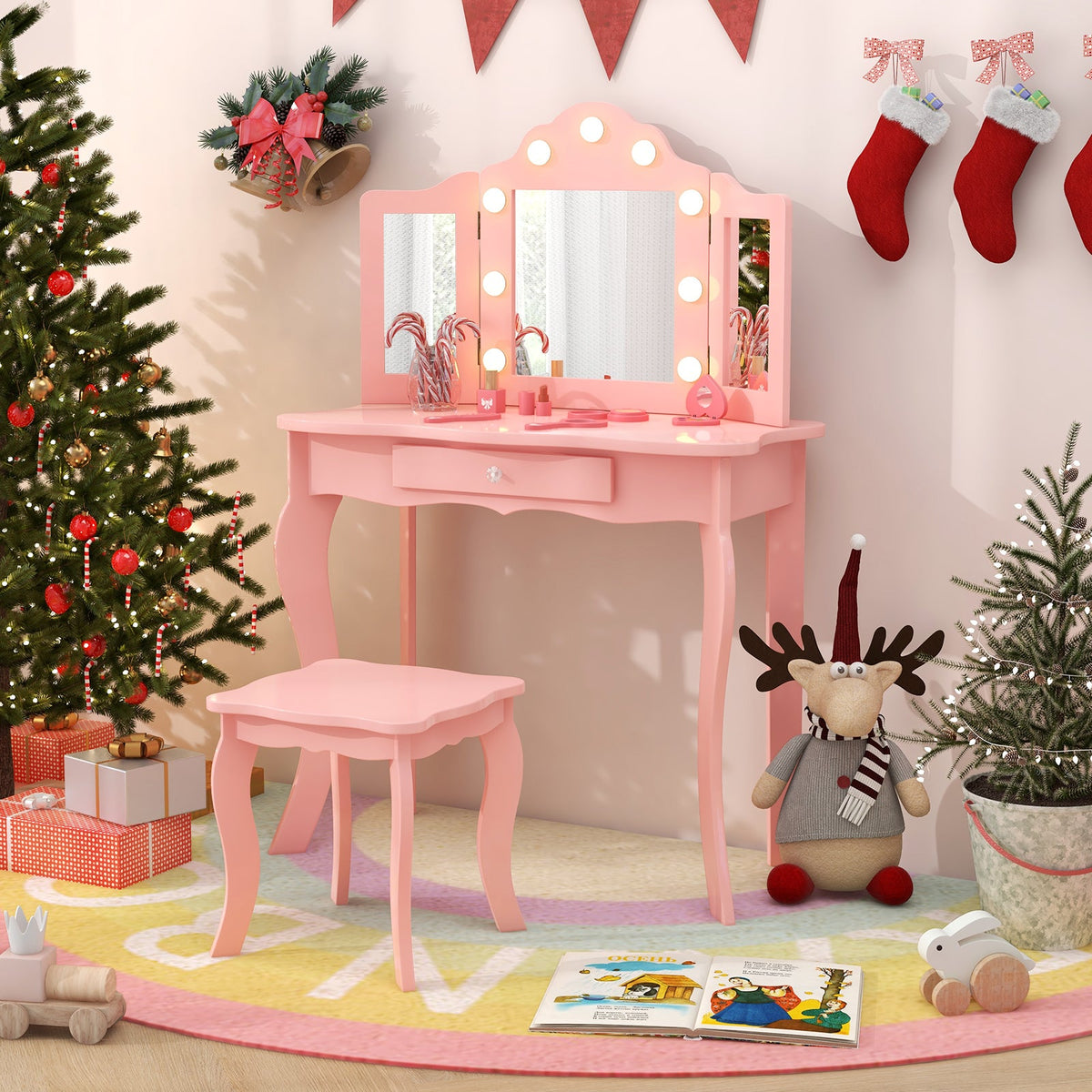 Kid Vanity Table Stool Set with Tri-Folding Mirror and 3-Color LED Lights