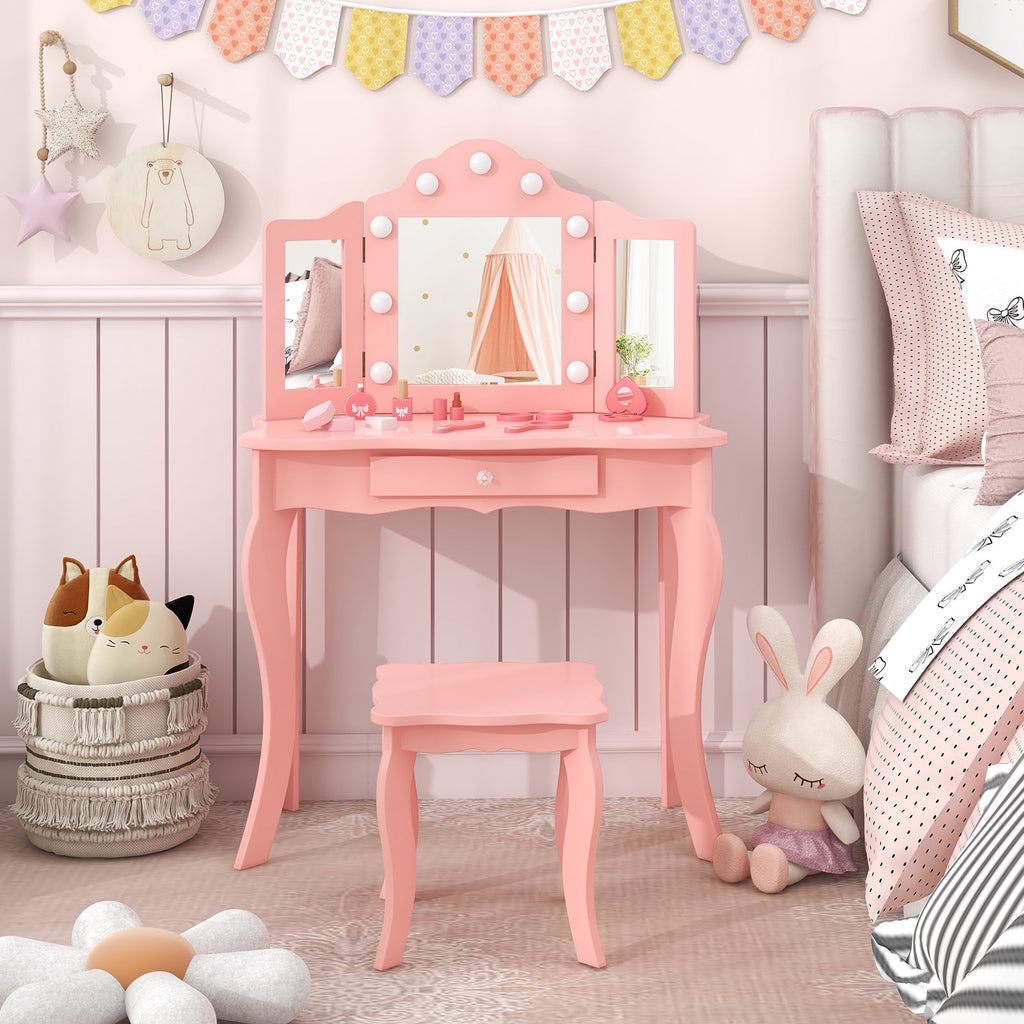 Kid Vanity Table Stool Set with Tri-Folding Mirror and 3-Color LED Lights