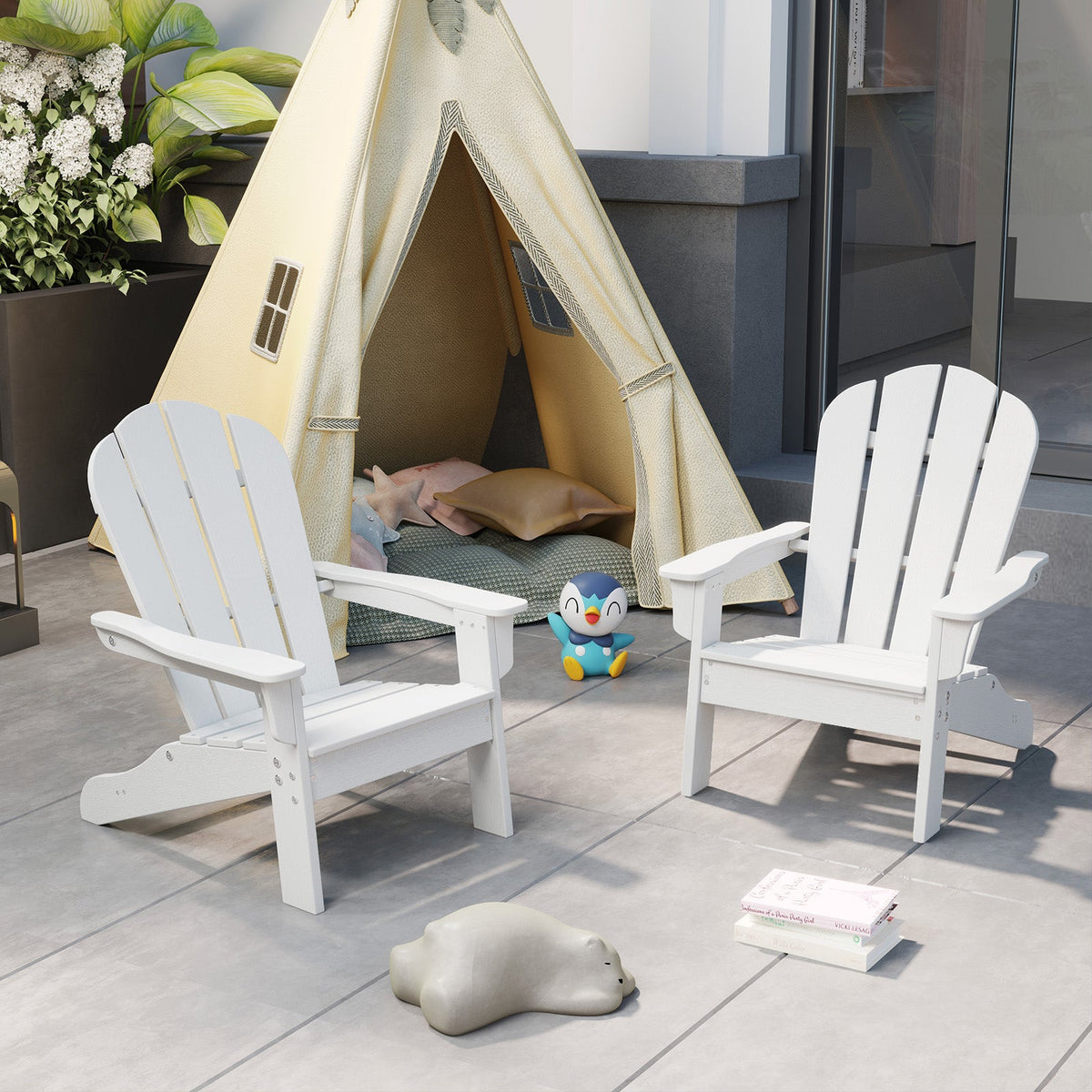 All-Weather HDPE Kid's Adirondack Chair with with High Backrest and Armrests-White