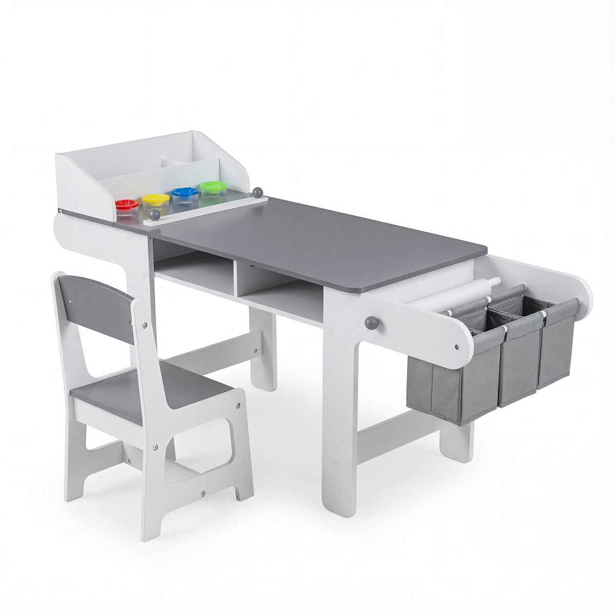 Kids Art Table and Chair with Paper Roll and Fabric Bins for Drawing Reading Studying Playing-Gray