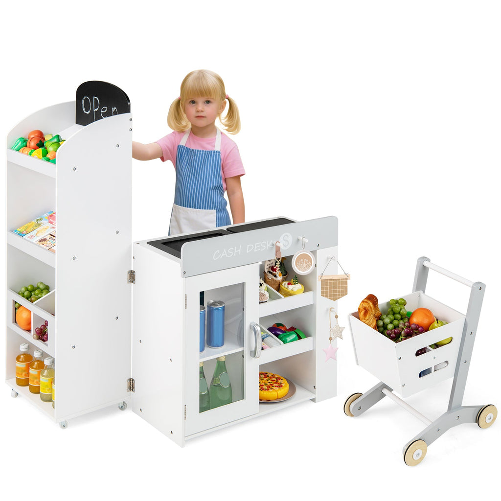 Kids Grocery Store Playset Convertible Wooden Play Store with Shopping Cart-White