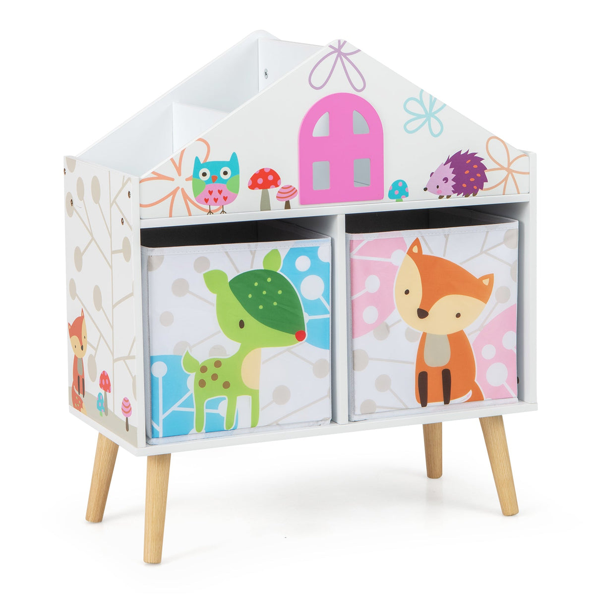 Kids House-shaped Bookshelf with 2 Storage Bins for Kids Room Playroom-White