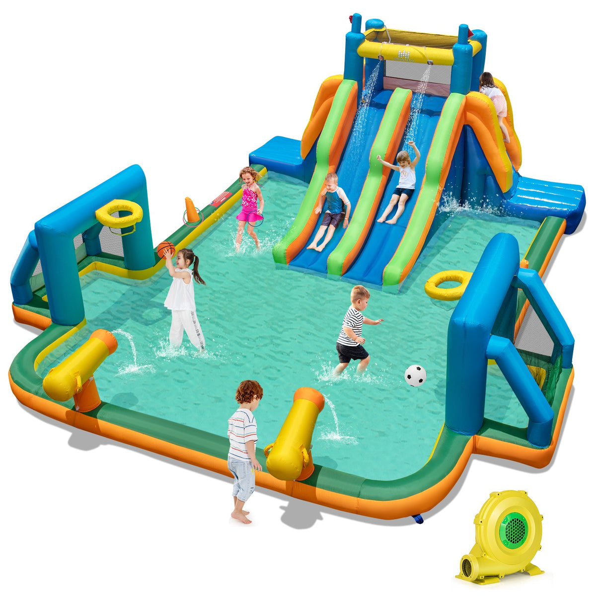 Kids Inflatable Water Slide with 2 Long Slides and 2 Soccer Gates with 1100W Blower