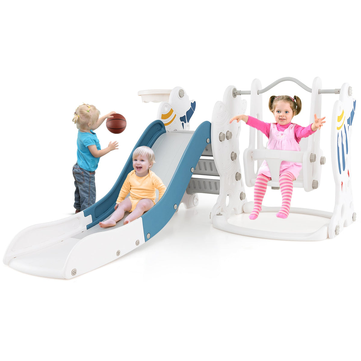 4-in-1 Kids Slide and Swing Set with Basketball Hoop
