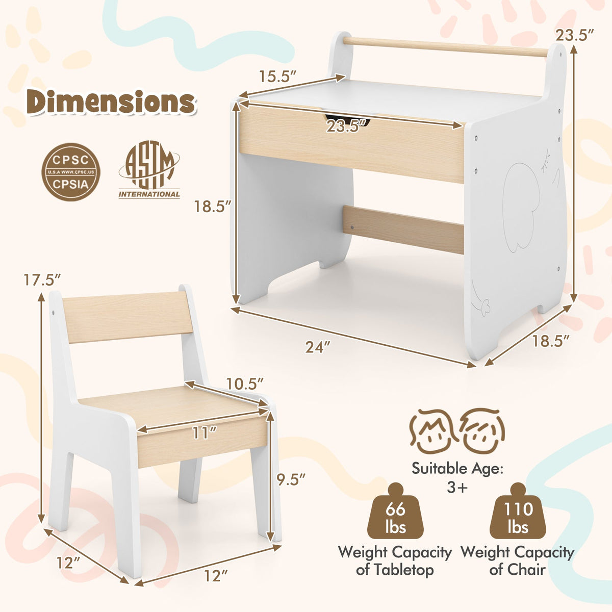 Kids Table and Chair Set with 2 in 1 Detachable Tabletop and Storage-White