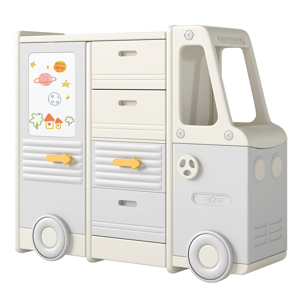 Kids Toy Storage Organizer Bus-shaped Children Cabinet with 4 Pull-out Drawers with Handles-Gray