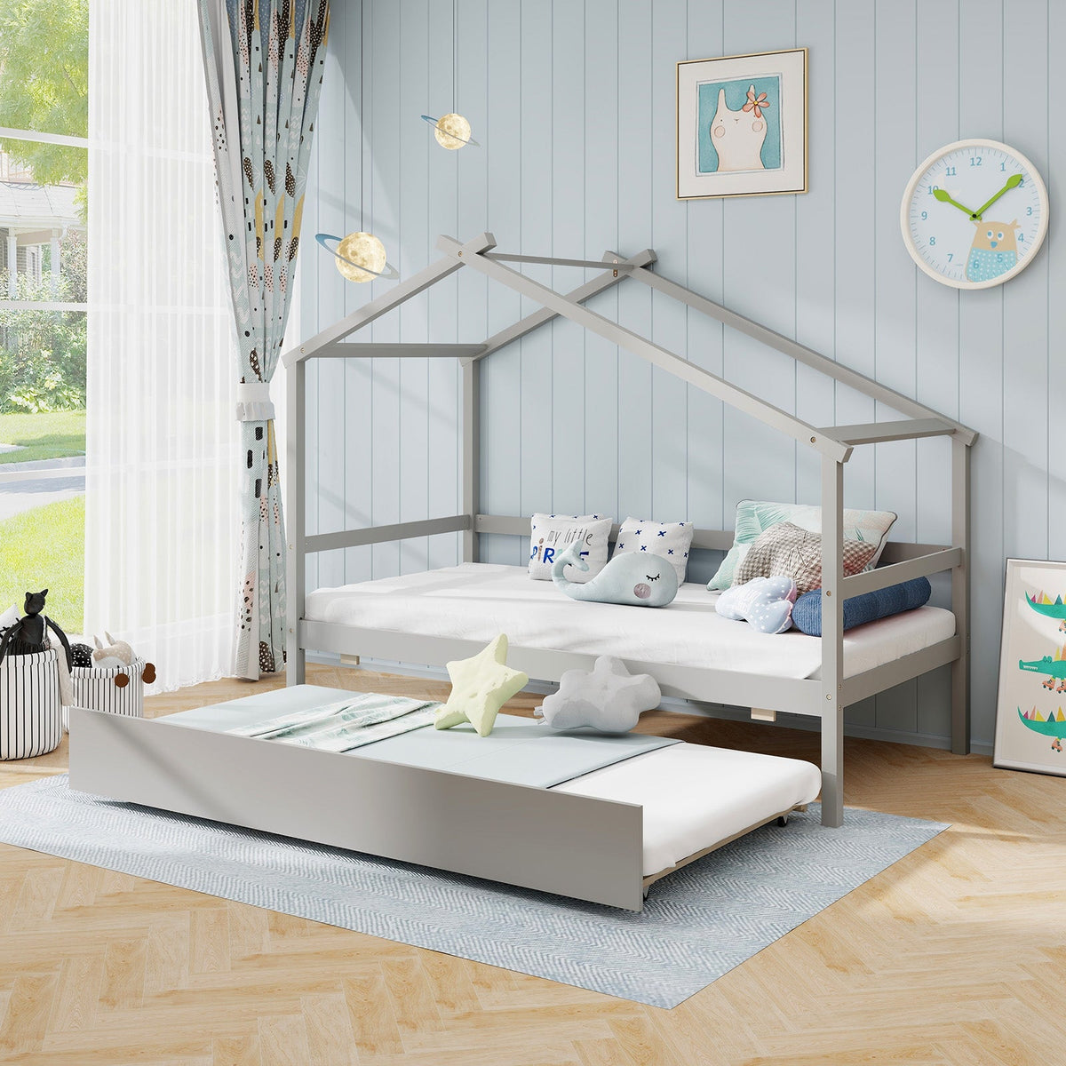 Kids Twin Size House Bed with Trundle and Roof