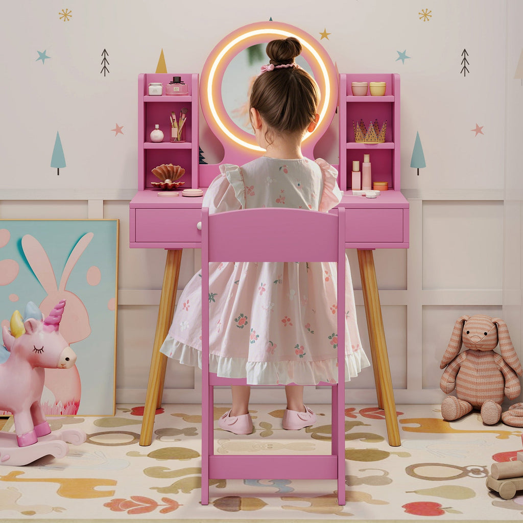 Kids Vanity Set with Lighted Mirror and Storage Drawers