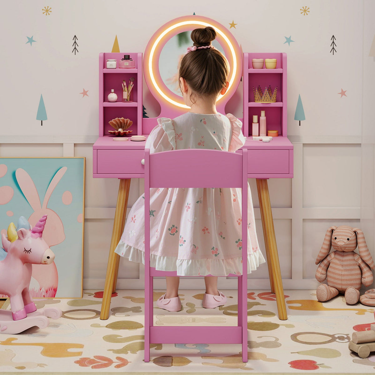 Kids Vanity Set with Lighted Mirror and Storage Drawers
