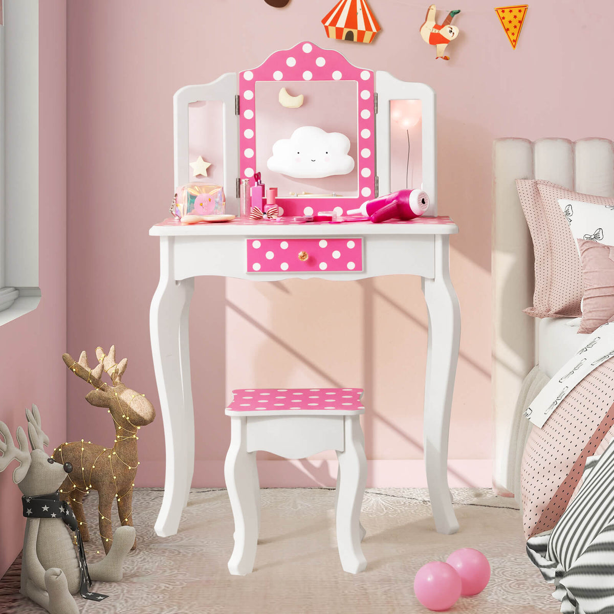 Kids Vanity Table and Stool Set with Cute Polka Dot Print-Pink
