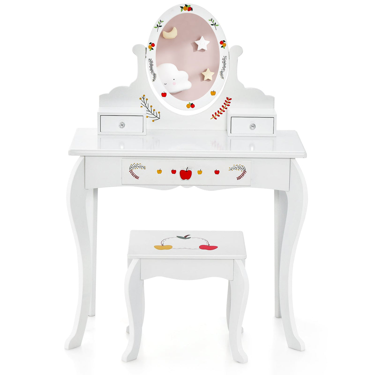 Kids Vanity and Stool Set with 360° Rotatable Mirror and Whiteboard-White