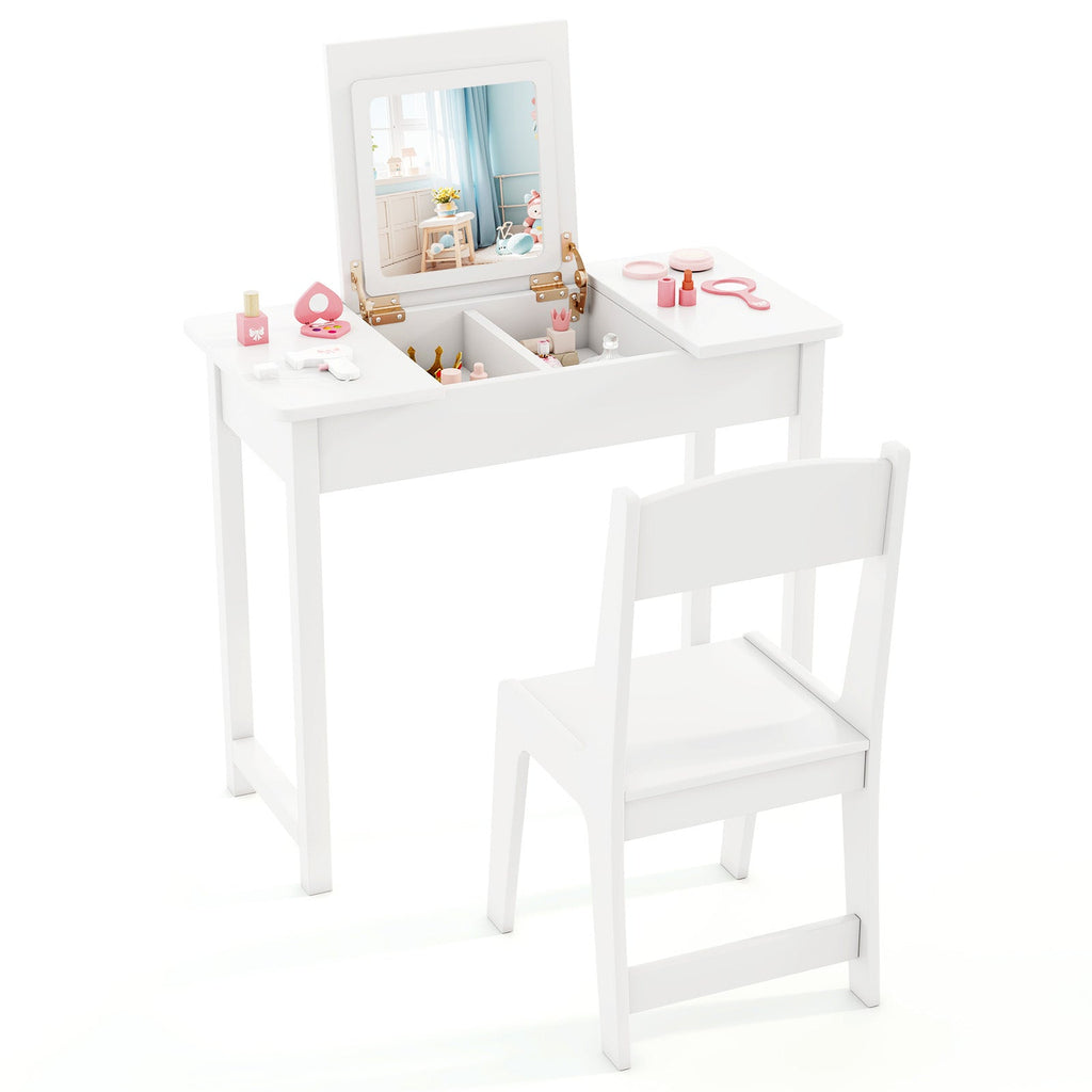 2-in-1 Kids Vanity Makeup Table and Chair Set with Flip Top Mirror