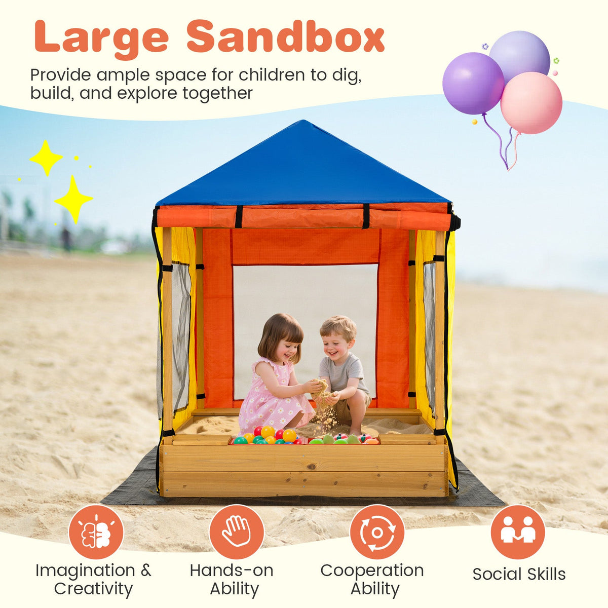 Kids Wooden Sandbox with Canopy Large Sand Pit with Mesh Windows and Bottom Liner-Multicolor