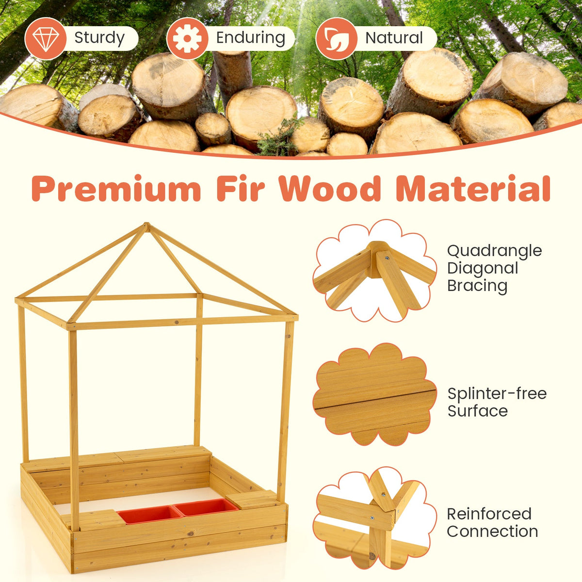 Kids Wooden Sandbox with Canopy Large Sand Pit with Mesh Windows and Bottom Liner-Multicolor