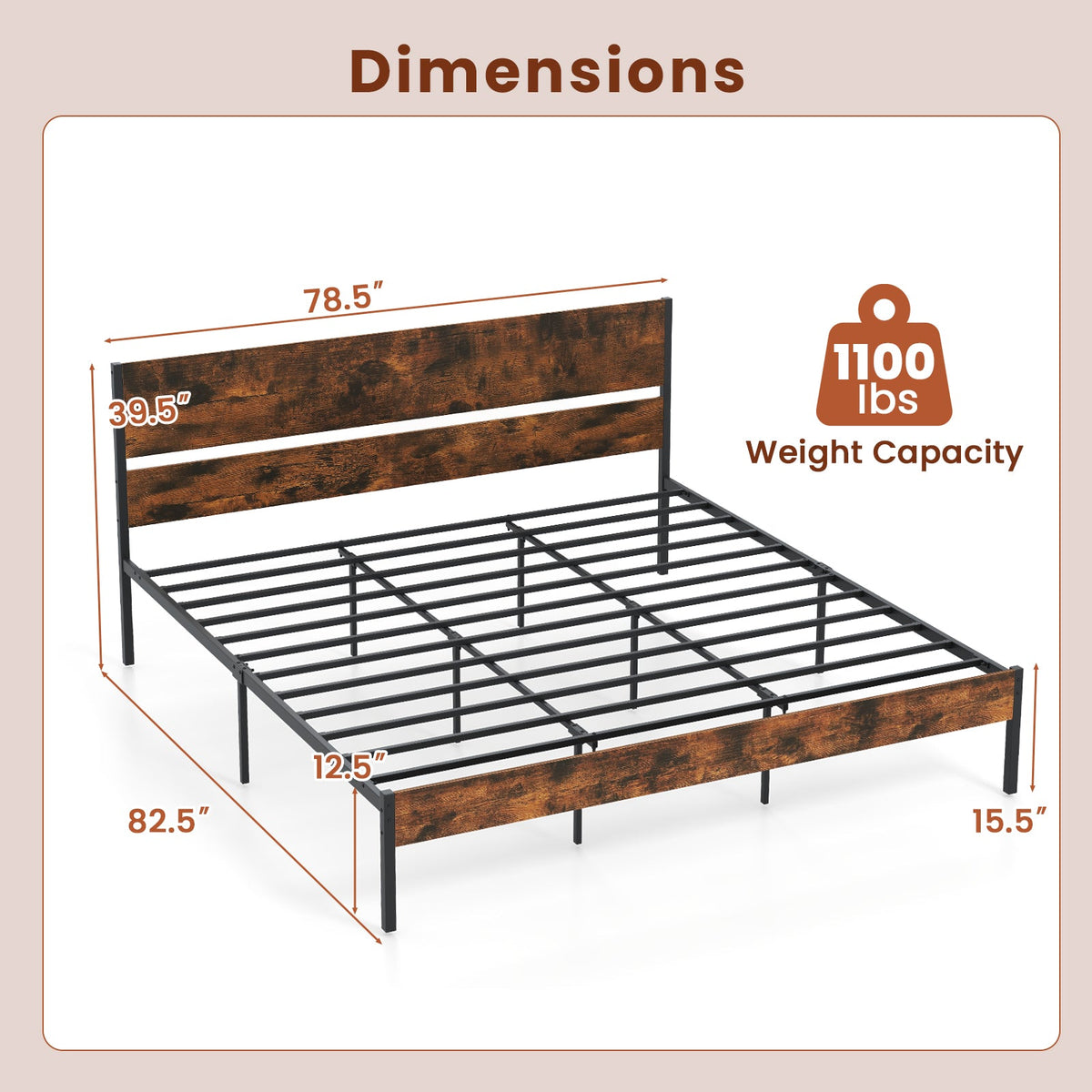 Twin/Full/Queen/King Metal Bed Frame with Wooden Headboard and Footboard-King Size