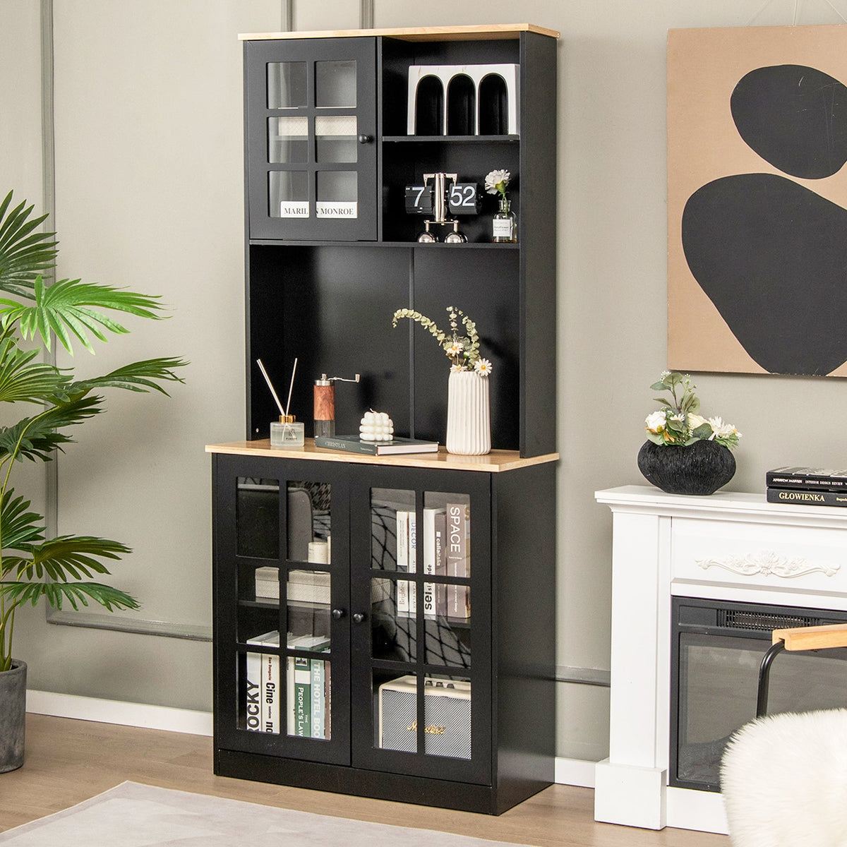 72 Inch Freestanding Pantry Cabinet with Hutch and Adjustable Shelf