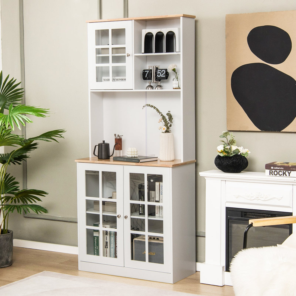 72 Inch Freestanding Pantry Cabinet with Hutch and Adjustable Shelf