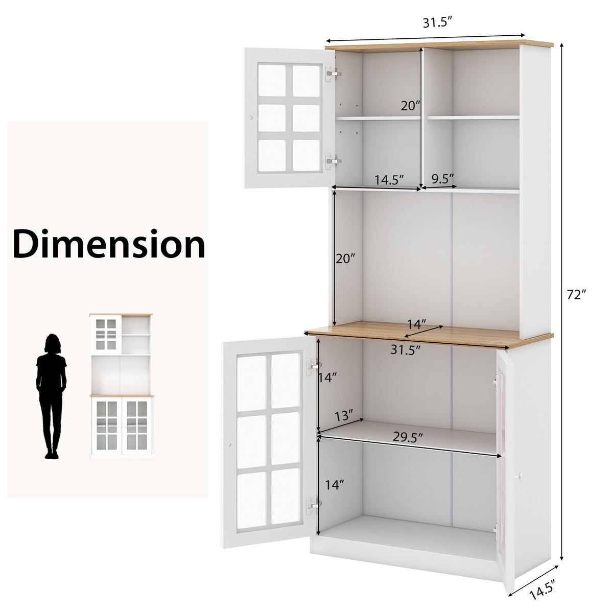 72 Inch Freestanding Pantry Cabinet with Hutch and Adjustable Shelf