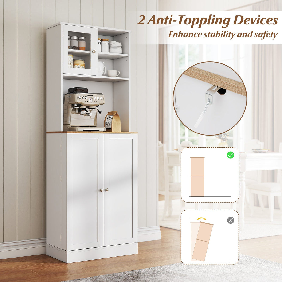 Kitchen Pantry Cabinet 67 Inch Freestanding Tall Cupboard with Microwave Shelf-White