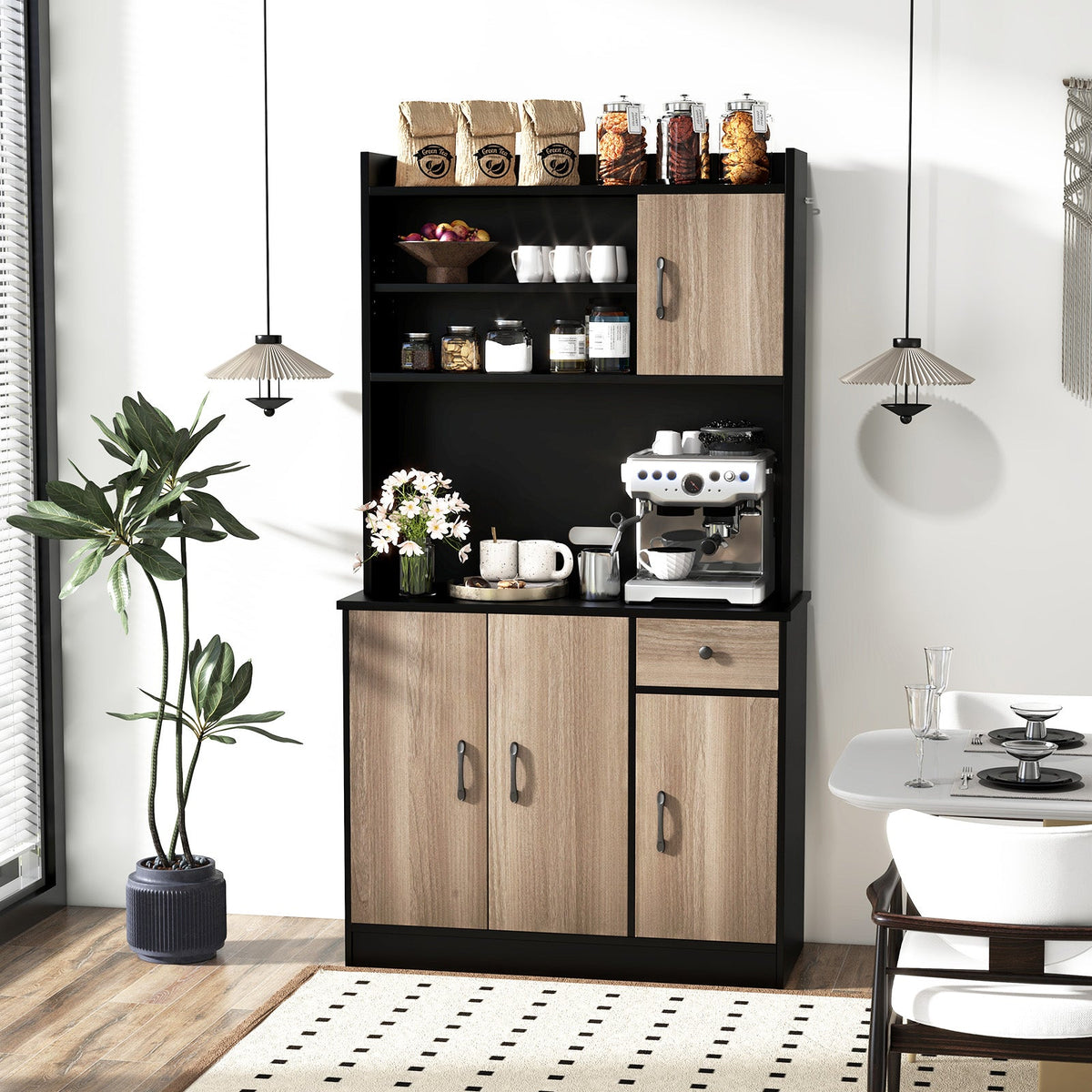 4-Door Freestanding Kitchen Buffet with Hutch and Adjustable Shelves