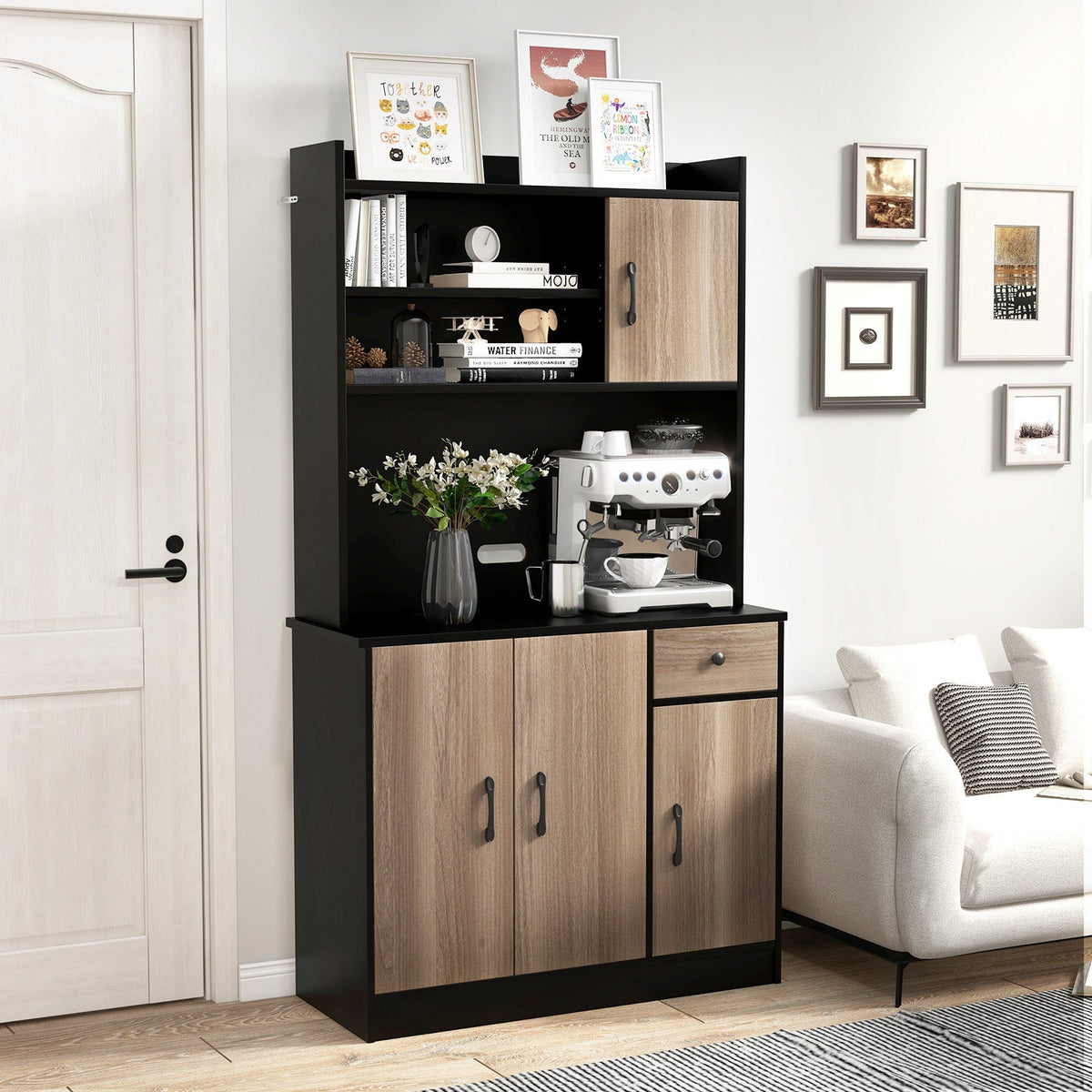 4-Door Freestanding Kitchen Buffet with Hutch and Adjustable Shelves