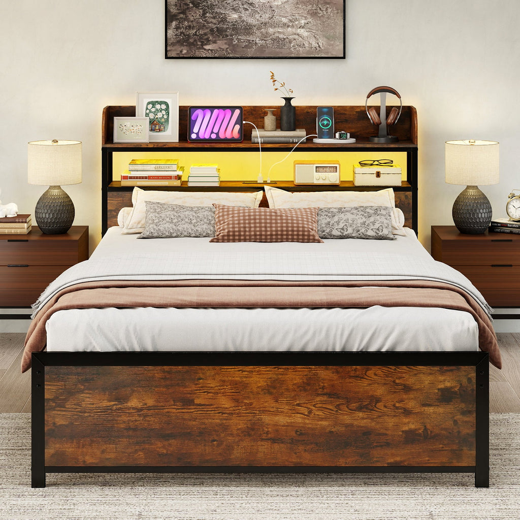 LED Bed Frame with Power Outlets and Storage Headboard-Full Size