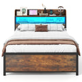LED Bed Frame with Power Outlets and Storage Headboard-Full Size