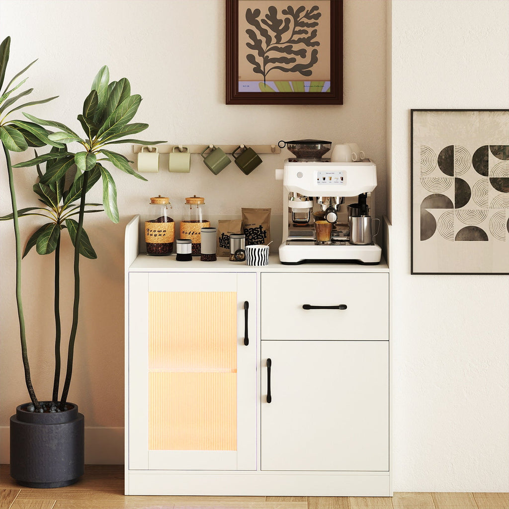 LED Buffet Sideboard with Charging Station with Drawer and Translucent Fluted Door-White
