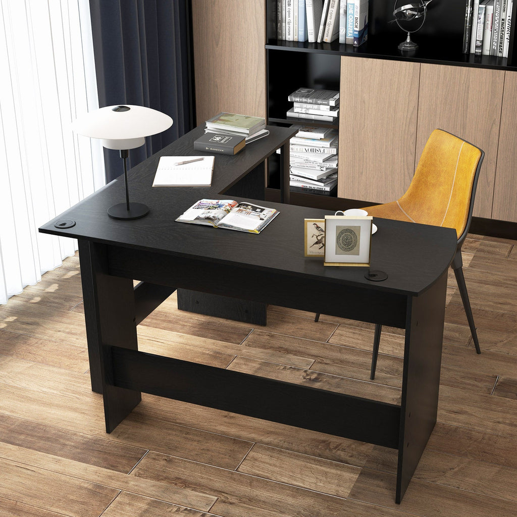 Modern L-Shaped Computer Desk with Shelves-Black