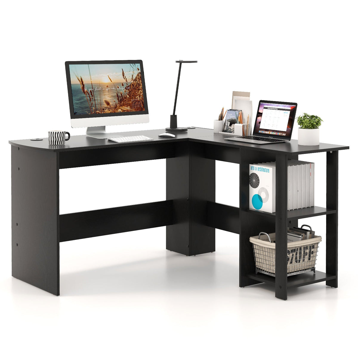 Modern L-Shaped Computer Desk with Shelves-Black
