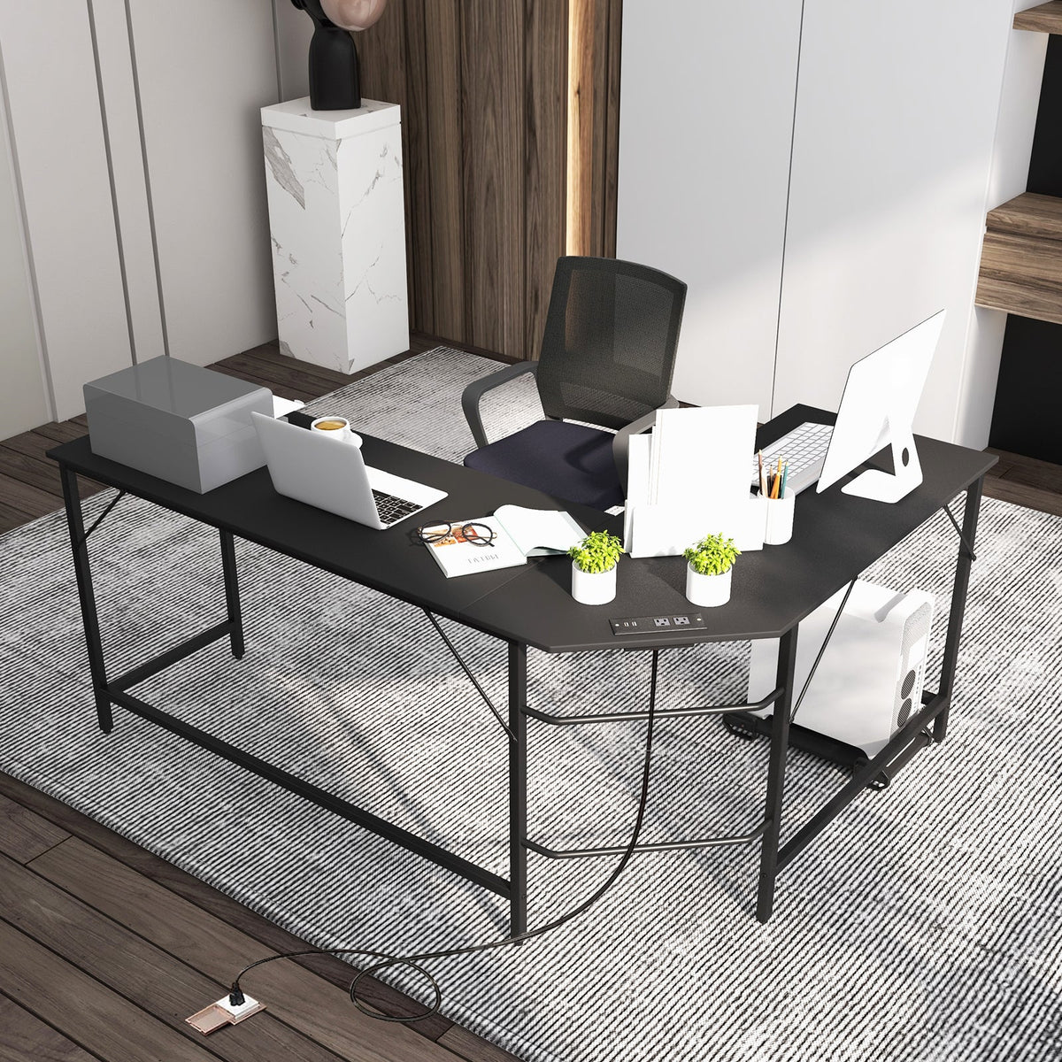 L-Shaped Computer Desk with CPU Stand Power Outlets and USB Ports