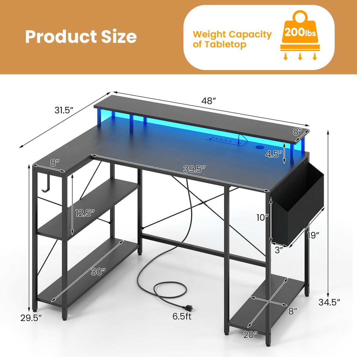 L-Shaped Gaming Desk with LED Lights and Power Outlets