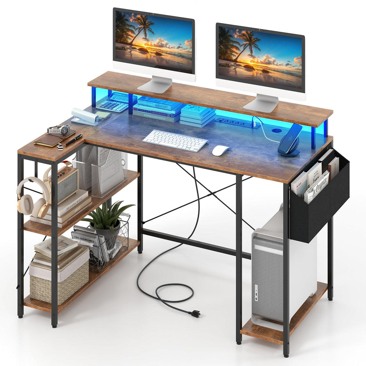 L-Shaped Gaming Desk with LED Lights and Power Outlets