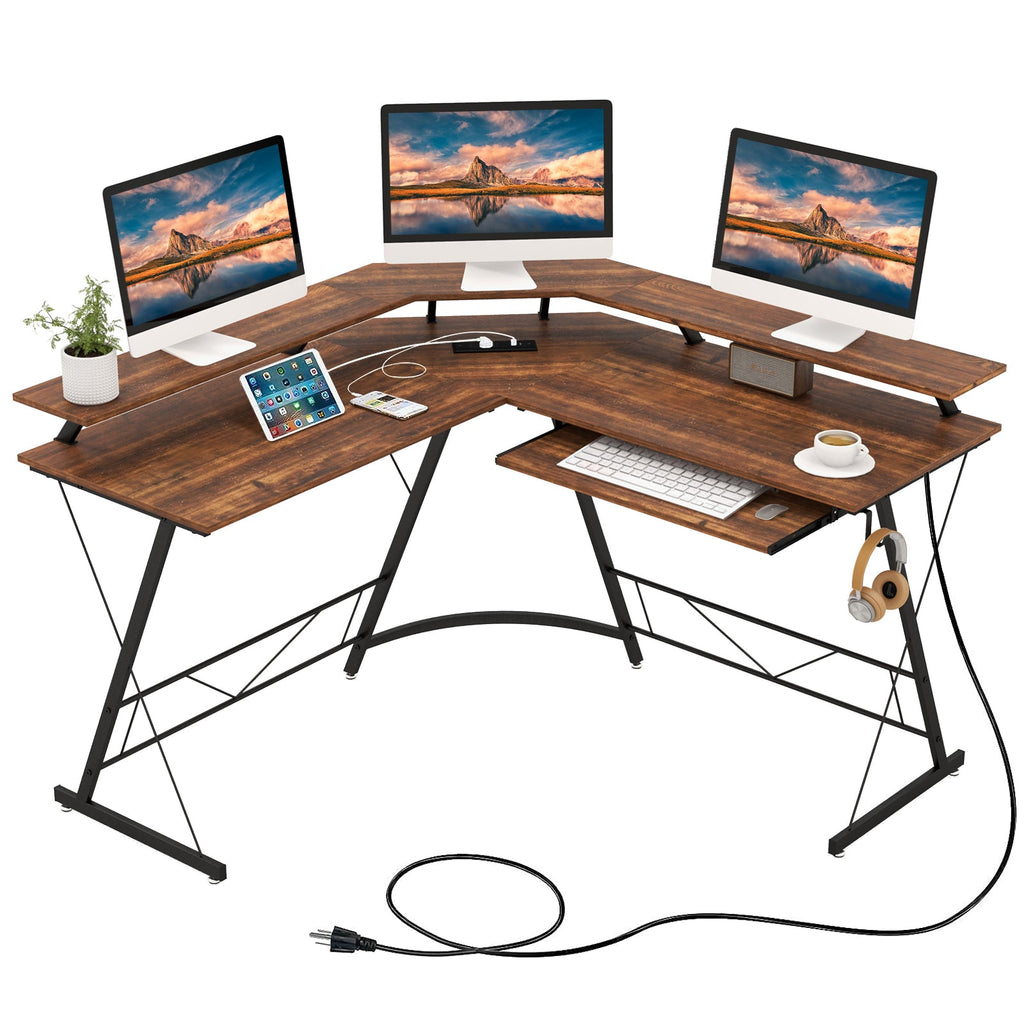 L-shaped Computer Desk with Power Outlet and Monitor Stand
