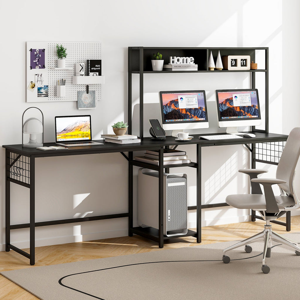 L-shaped Desk with Power Outlet Hutch