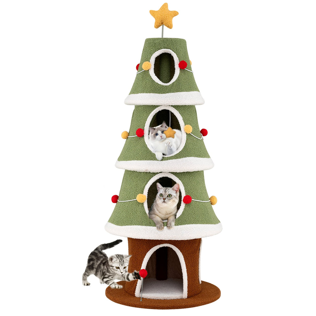 Large Christmas Cat Tree for Indoor Cats 61 Inch Cute Cat Tower with 4 Condos-Green