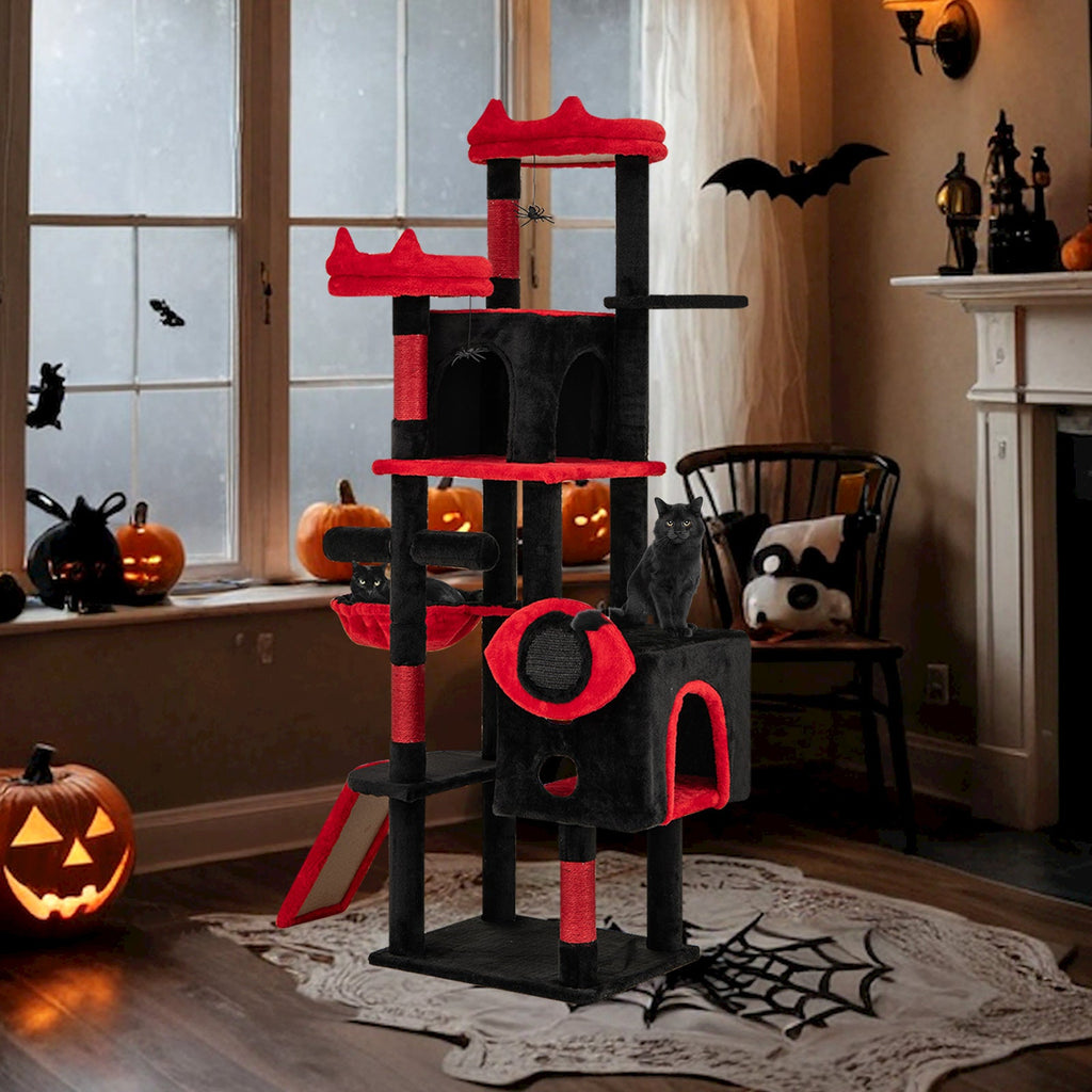 Large Gothic Cat Tree with Cat Condos and Plush Perches-Black & Red