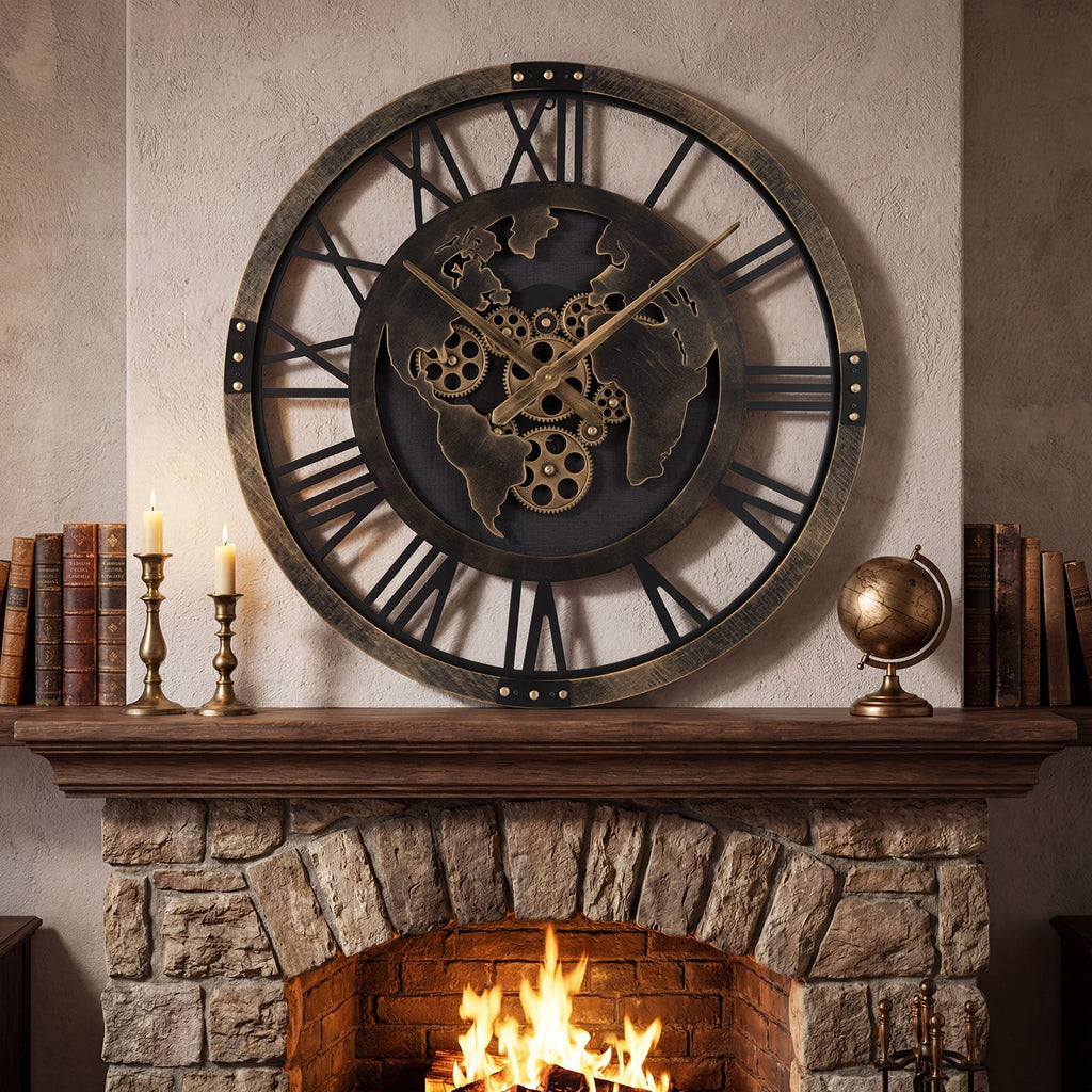 Large Wall Clock 27" Gear Clock with World Map-Brown