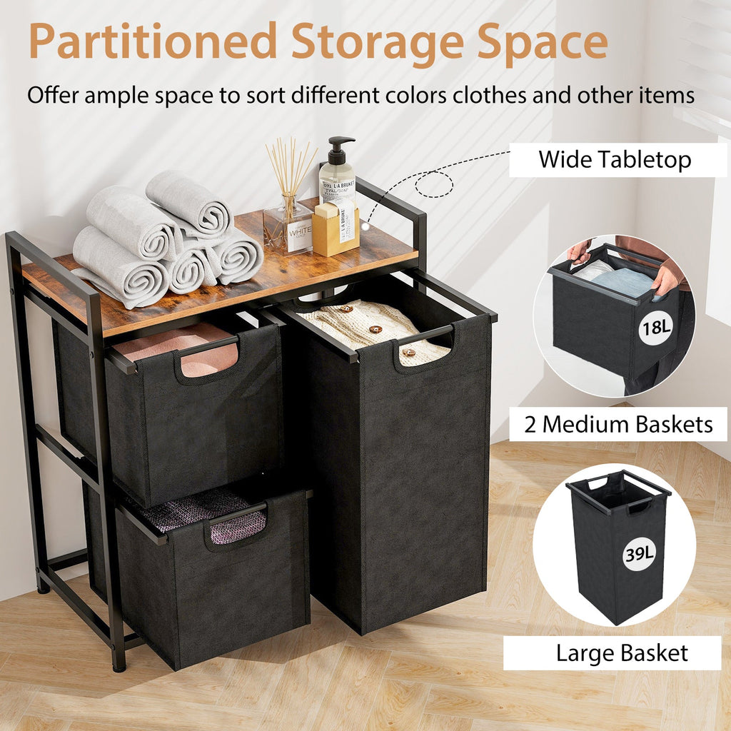Laundry Basket Organizer Dirty Clothes Hamper with Shelf and 3 Removable Bags-Rustic Brown
