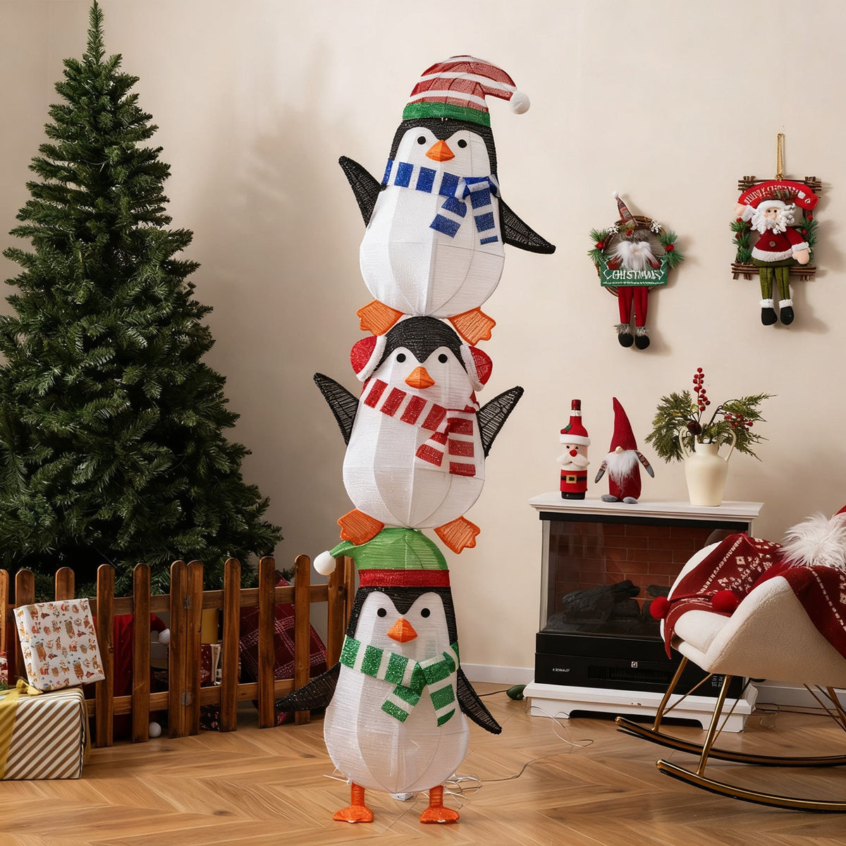 Lighted Penguins Decoration with Warm White Lights and Cute Hats