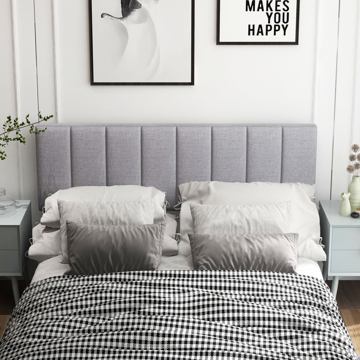 Linen Upholstered Headboard with Solid Wood Legs and Adjustable Width