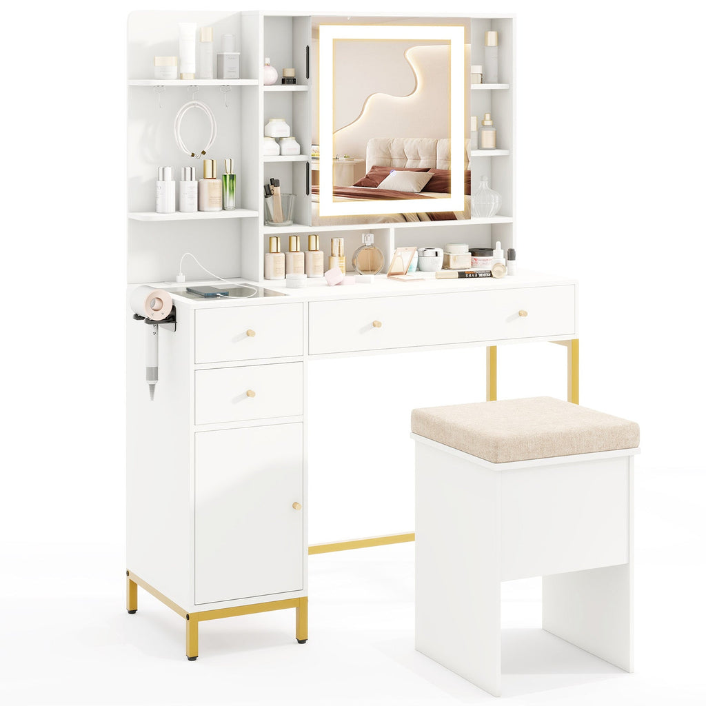 Makeup Dressing Table and Stool set with 3 Lighting Modes and Cabinet-White