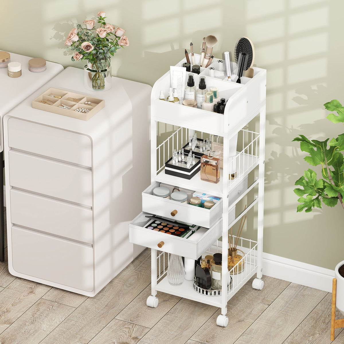 Makeup Organizer Floor Skincare Organizer Cart with Drawers and Storage Shelves-White