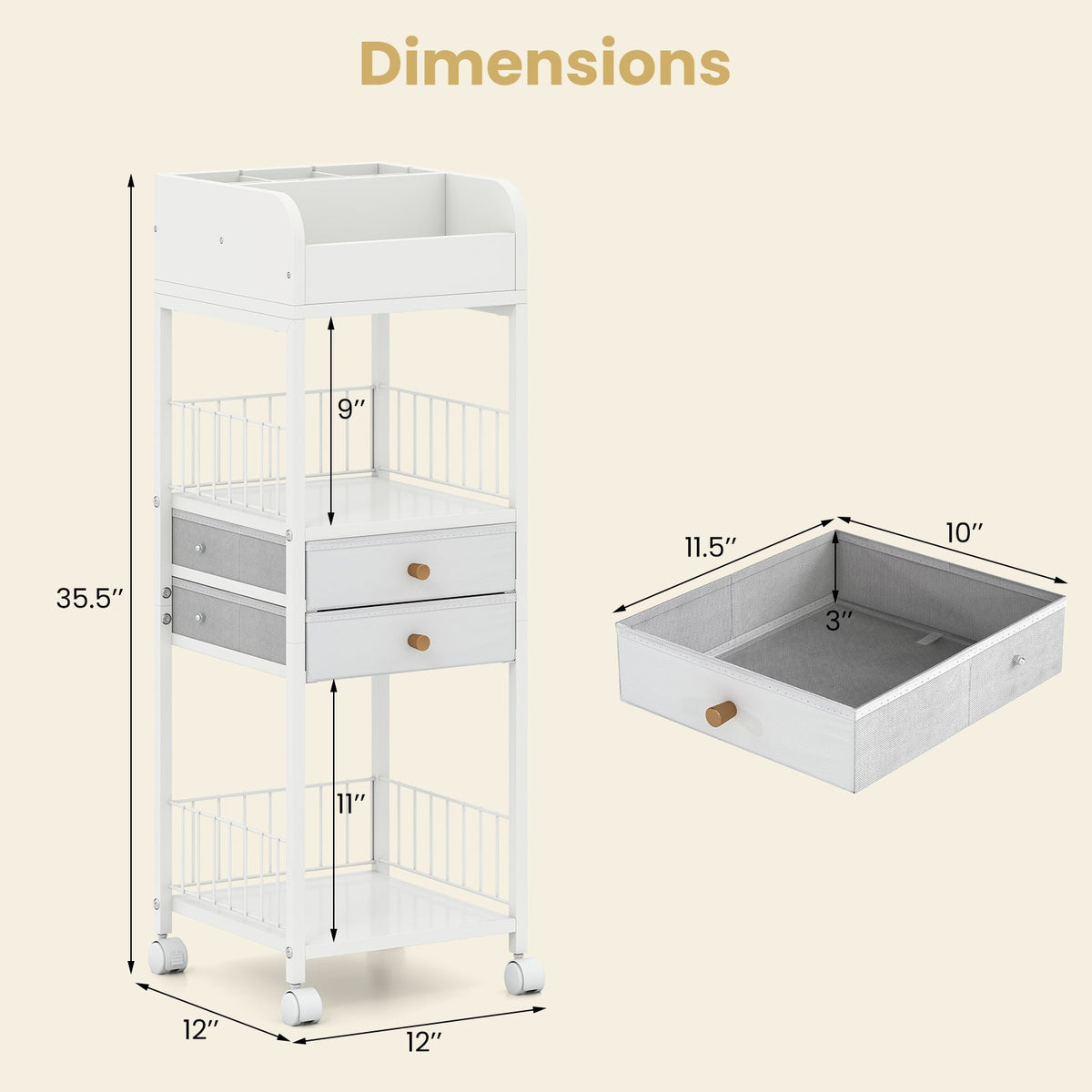 Makeup Organizer Floor Skincare Organizer Cart with Drawers and Storage Shelves-White