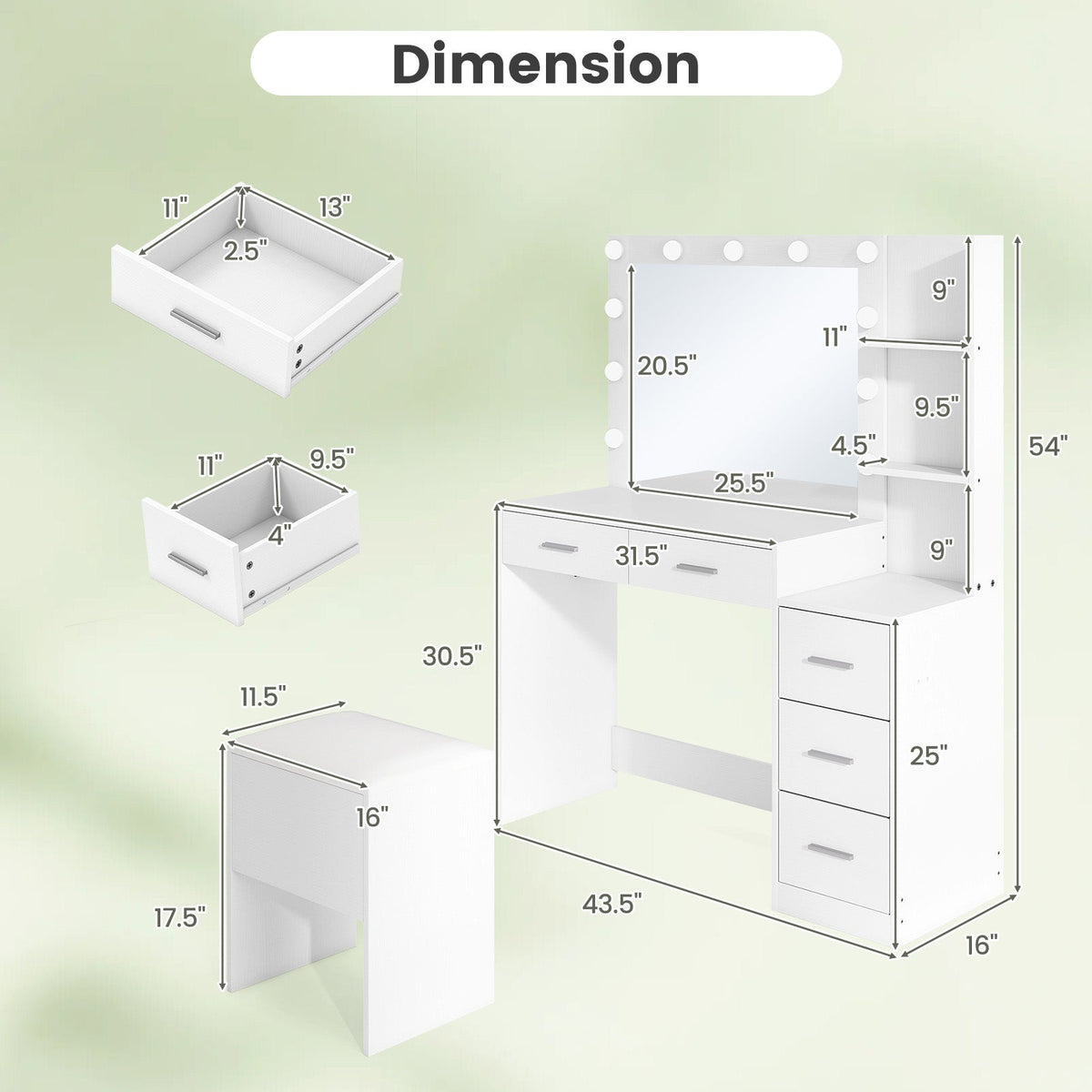 Makeup Table and Stool Set with Hair Dryer Stand-White