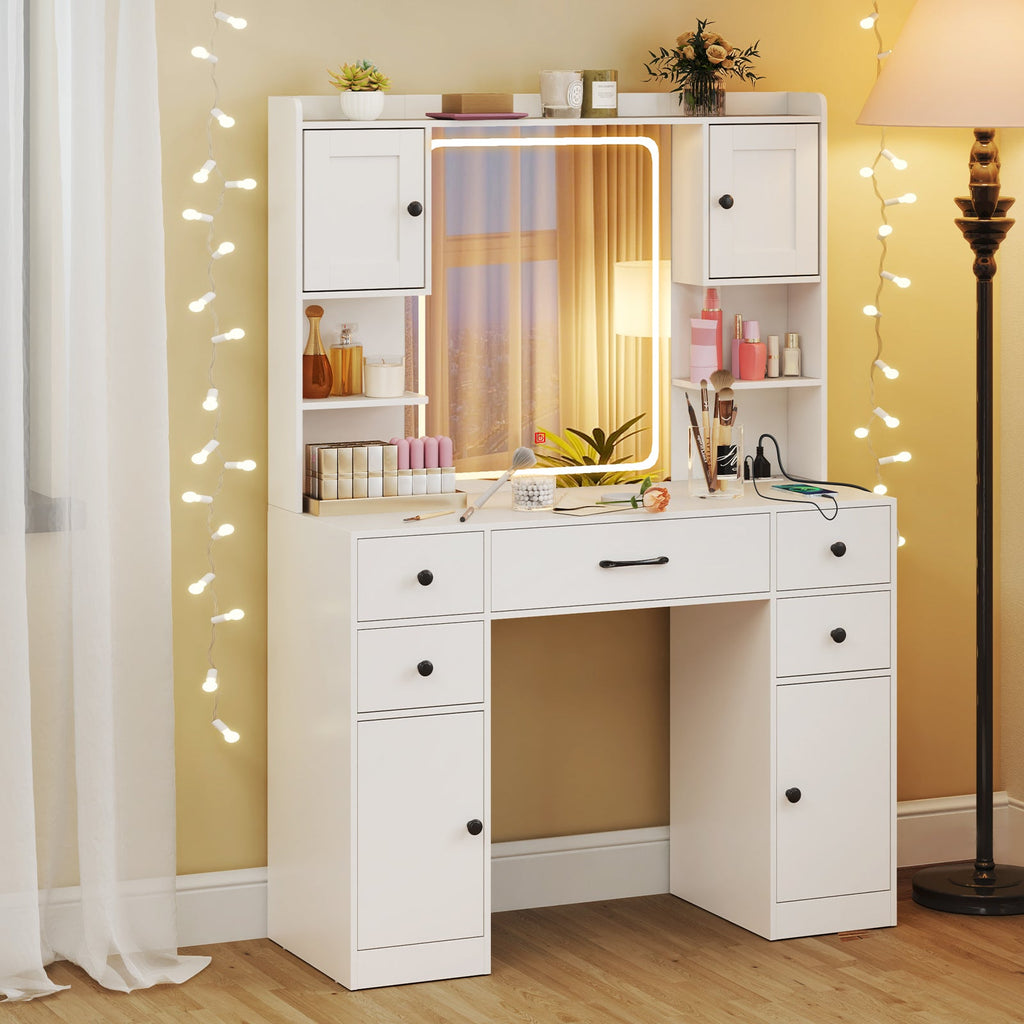 Makeup Vanity Desk with Lighted Mirror and Charging Station-White
