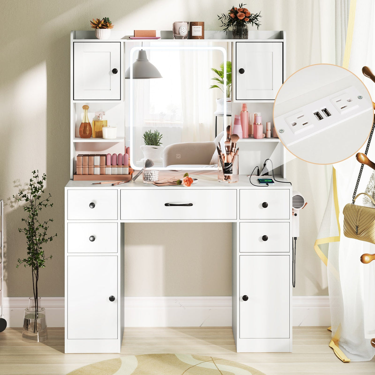 Makeup Vanity Desk with Lighted Mirror and Charging Station-White