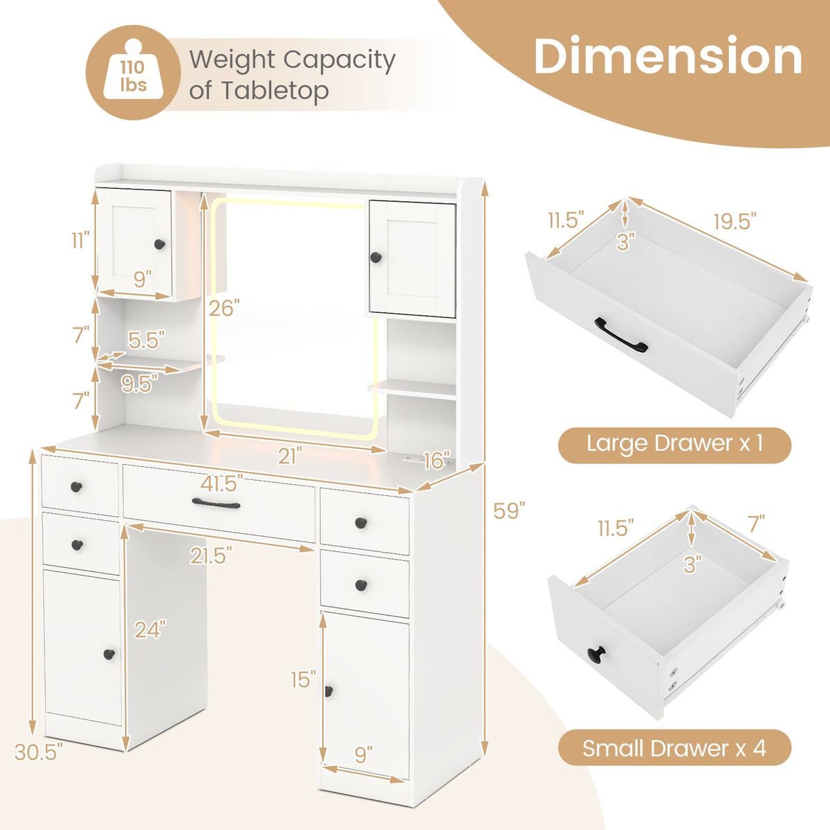 Makeup Vanity Desk with Lighted Mirror and Charging Station-White